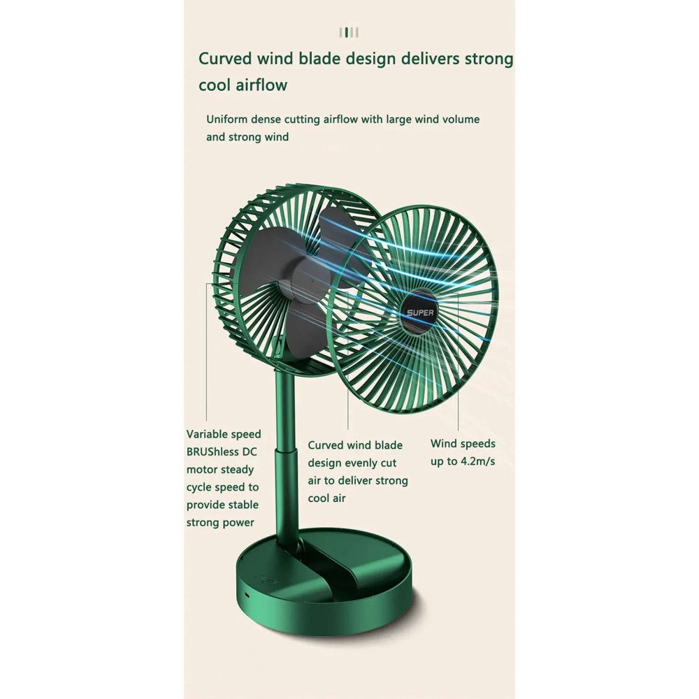 Foldable Portable Cooling Fan with Phone Stand - 3 Speed Settings and USB-C Charging A8 (Black)