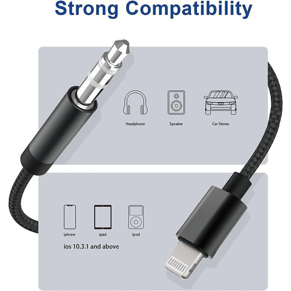 Lightning to 3.5mm Headphone Jack Aux Cord Braided Nylon Auxiliary Cable High-Fidelity Audio Transmission for iPhone 14 13 12 11 XS XR X 8 7 6 (Black)