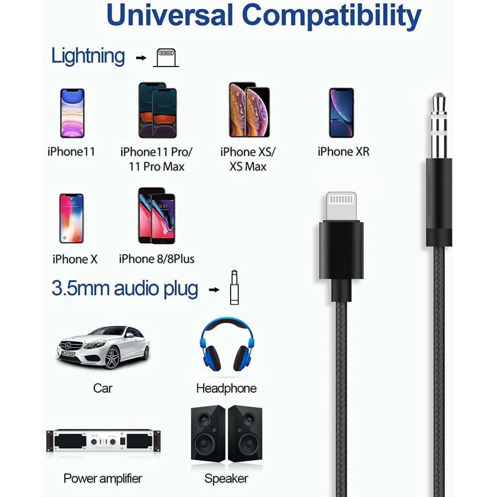 Lightning to 3.5mm Headphone Jack Aux Cord Braided Nylon Auxiliary Cable High-Fidelity Audio Transmission for iPhone 14 13 12 11 XS XR X 8 7 6 (Black)
