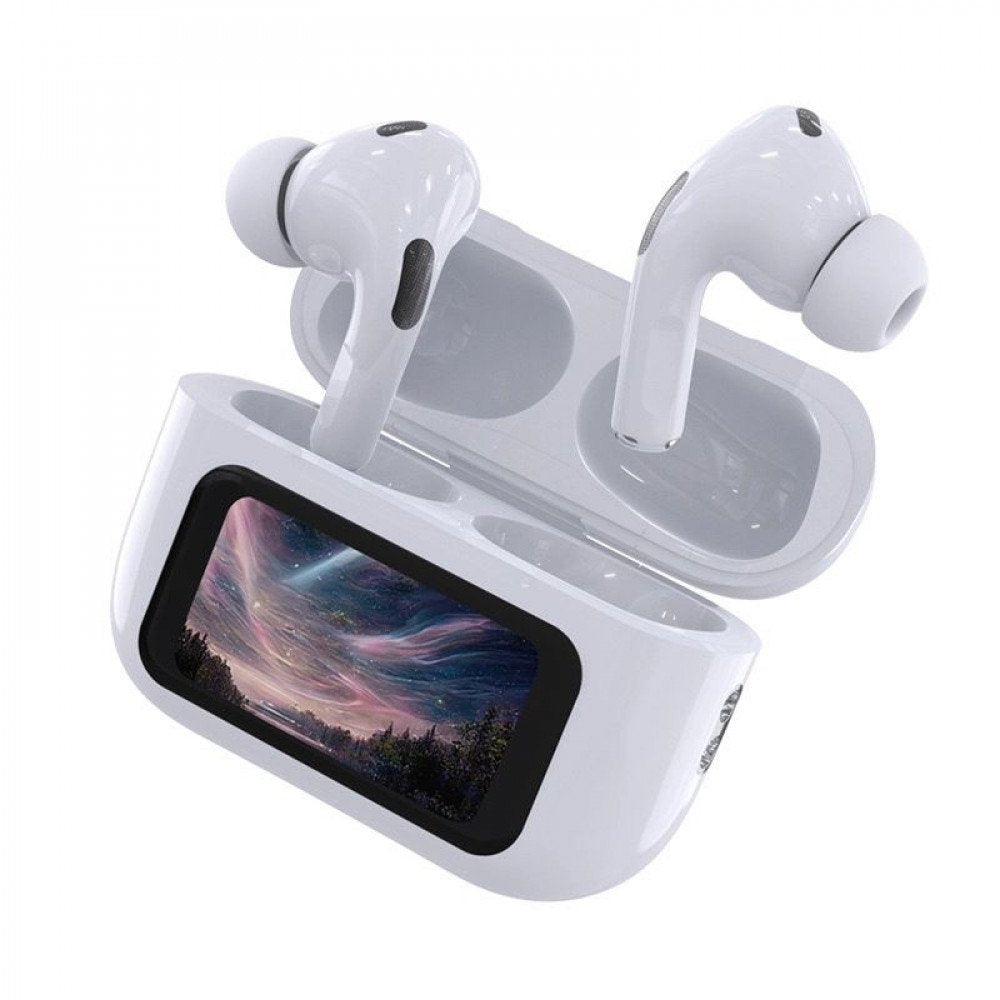 LED Display Wireless Bluetooth Earbuds In-Ear Noise Cancelling Stereo Headphones Ai-PPro for Universal Cell Phone And Bluetooth Device (White)