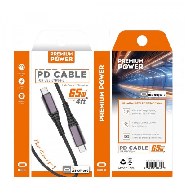 4FT 65W Fast High-Speed Data Transfer & Rapid Charging Strong Braided Type-C to Type-C Cable (Black)