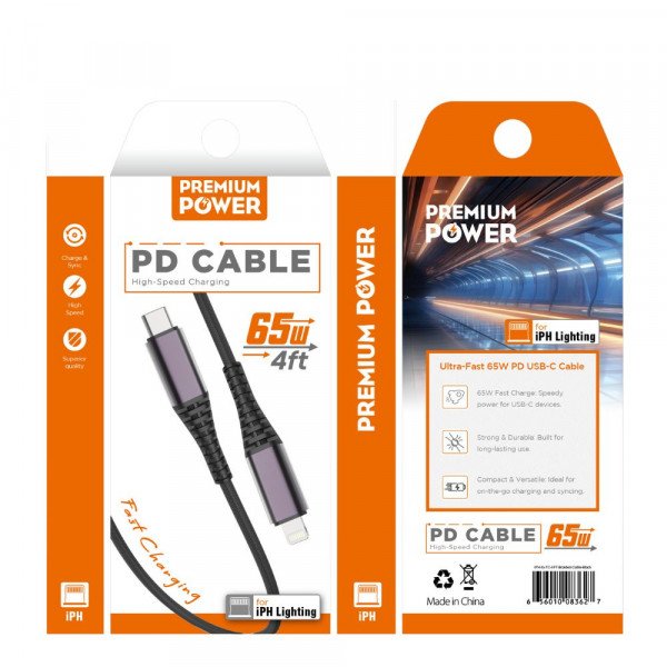 4FT 65W Fast High-Speed Data Transfer & Rapid Charging Strong Braided Lightning to Type-C Cable for Universal iPhone and iPad Devices (Black)