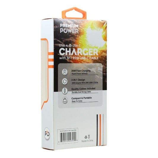 2in1 Car 20W PD Fast Power Delivery Charger with 3FT USB-C to IP Lighting Cable for iPhone, iDevice (Car - White)