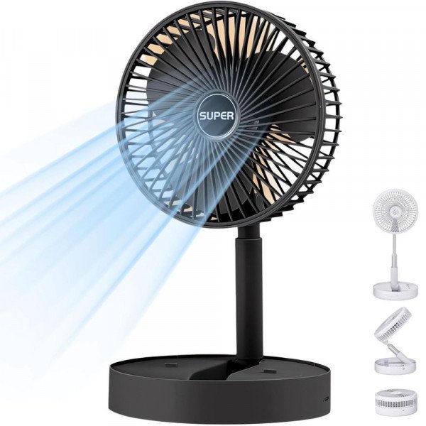 Foldable Portable Cooling Fan with Phone Stand - 3 Speed Settings and USB-C Charging A8 (Black)