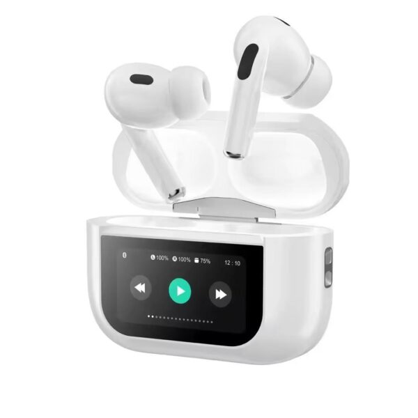 LED Display Wireless Bluetooth Earbuds In-Ear Noise Cancelling Stereo Headphones Ai-PPro for Universal Cell Phone And Bluetooth Device (White)