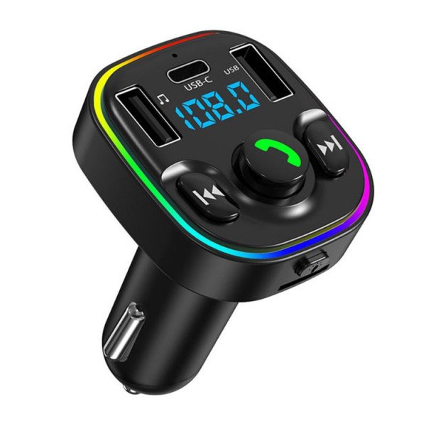 LED Bluetooth Car FM Transmitter, Wireless Audio Adapter Receiver with Quick Charge Dual USB-C and USB-A Ports Support Micro SD Card for Universal Cell Phone And Bluetooth Device (Black)