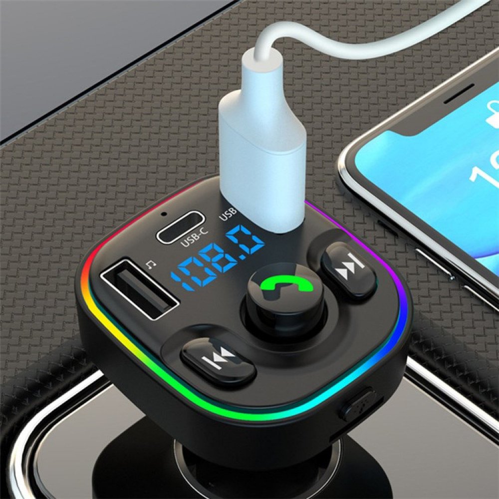 LED Bluetooth Car FM Transmitter, Wireless Audio Adapter Receiver with Quick Charge Dual USB-C and USB-A Ports Support Micro SD Card for Universal Cell Phone And Bluetooth Device (Black)