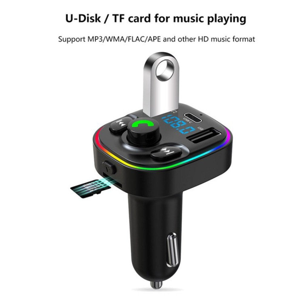 LED Bluetooth Car FM Transmitter, Wireless Audio Adapter Receiver with Quick Charge Dual USB-C and USB-A Ports Support Micro SD Card for Universal Cell Phone And Bluetooth Device (Black)