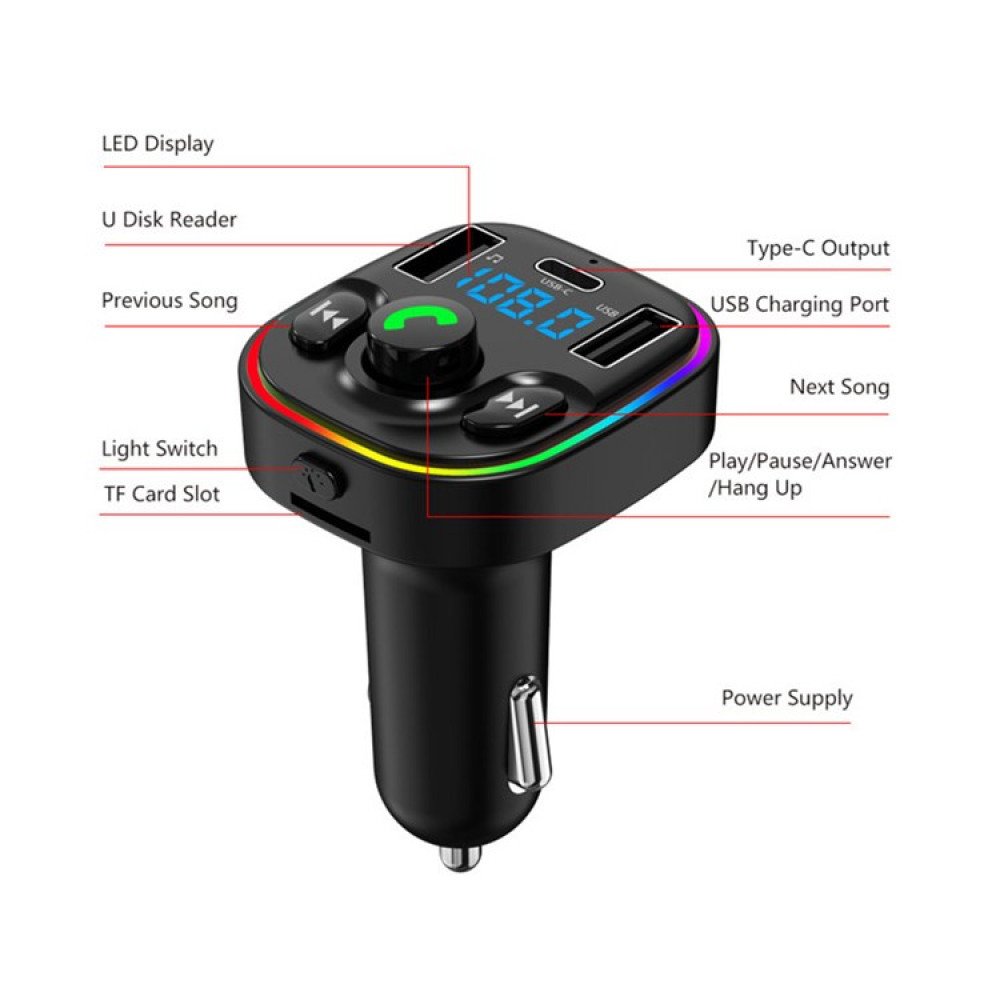 LED Bluetooth Car FM Transmitter, Wireless Audio Adapter Receiver with Quick Charge Dual USB-C and USB-A Ports Support Micro SD Card for Universal Cell Phone And Bluetooth Device (Black)
