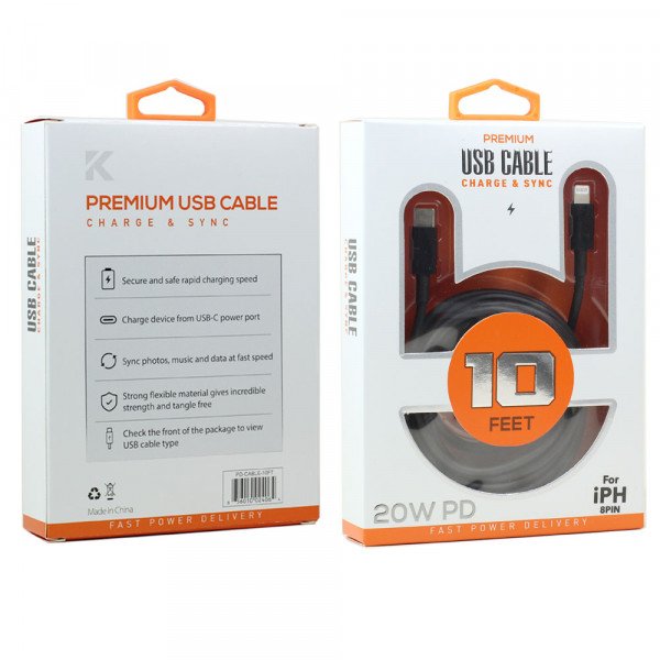 IP Lighting 20W PD Fast Charging USB-C to IP Lighting USB Cable 10FT for iPhone, I Device 10FT (Black)